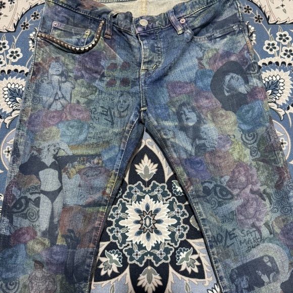 RARE AUTHENTIC Hysteric Glamour x Courtney Love All Over Print Jeans HOLE BAND